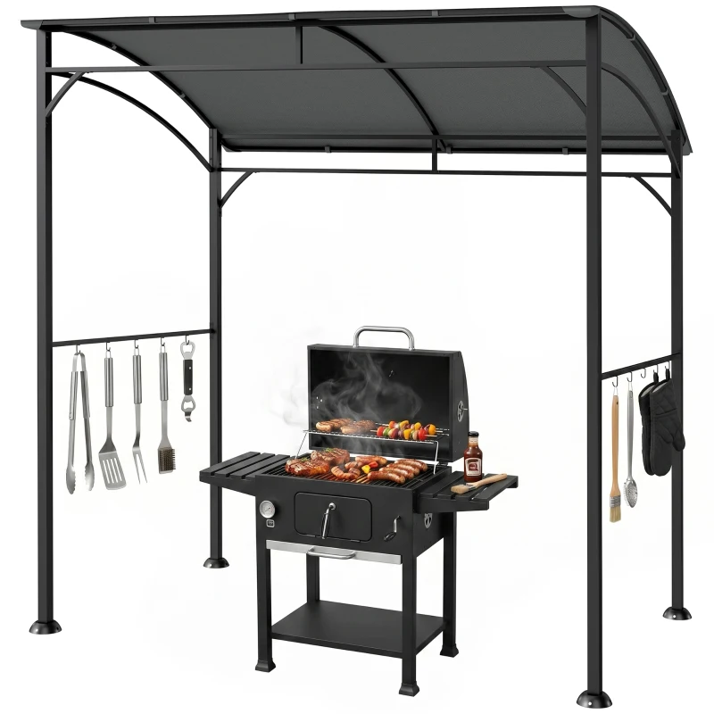 Outsunny Pavilhão para churrasco, Cobertura para churrasqueira, Proteção contra chuva, Ganchos para utensílios, Estrutura de aço, Cinza escuro, 215 x 150 x 182/220 cm