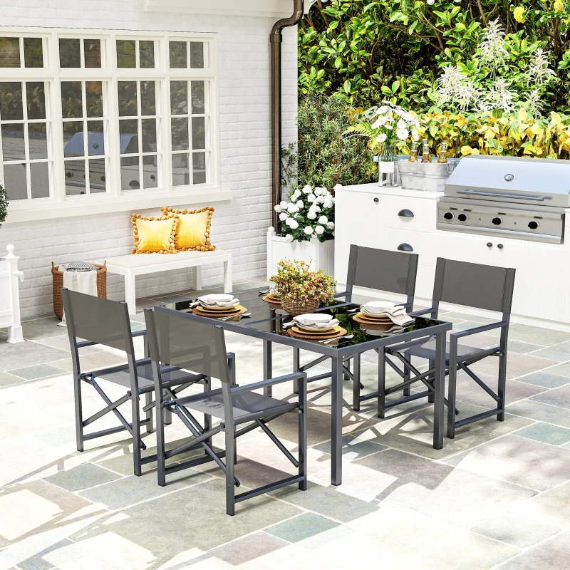 Outsunny Conjunto 5 peças Jantar em Aço para 4 Pessoas Mesa com 4 Cadeiras Dobráveis Mesa de Vidro Cinza