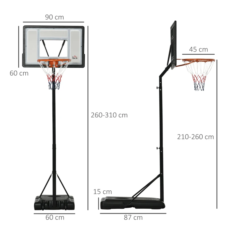 HOMCOM Suporte de basquetebol com rodas, móvel, ajustável 210-260 cm, cesto com suporte para exterior e interior, aço e plástico, preto