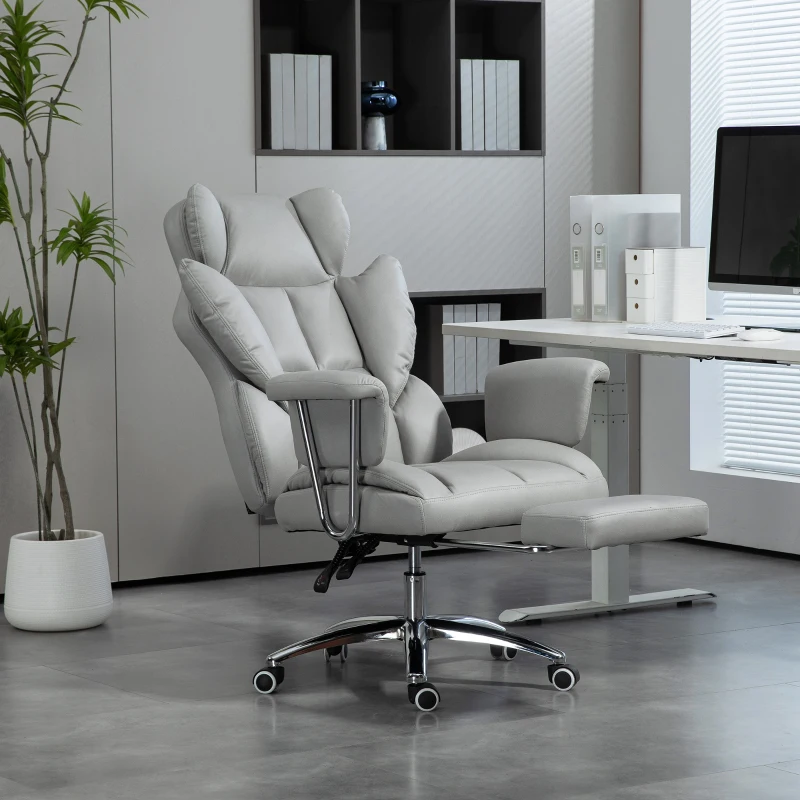 HOMCOM Cadeira de Escritório Ergonómica Estofada com Apoio para os Pés Encosto Ajustável Giratória 360° Cinza Claro