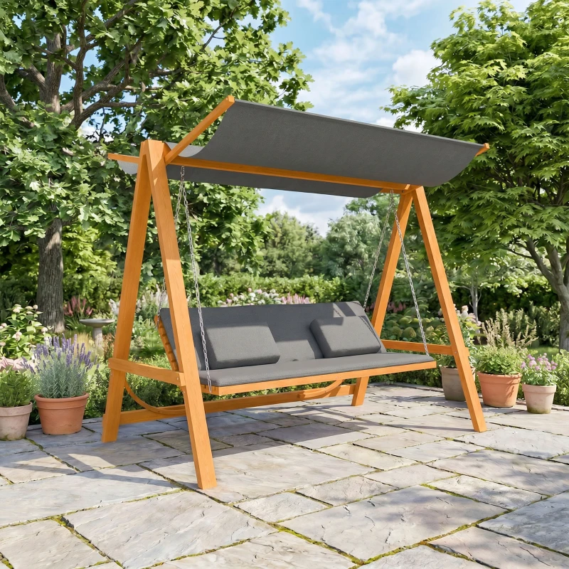 Outsunny Balanço estilo Hollywood com função de cama 3 lugares Balanço de jardim em lariço com dossel solar ajustável 225,5 x 130 x 180 cm