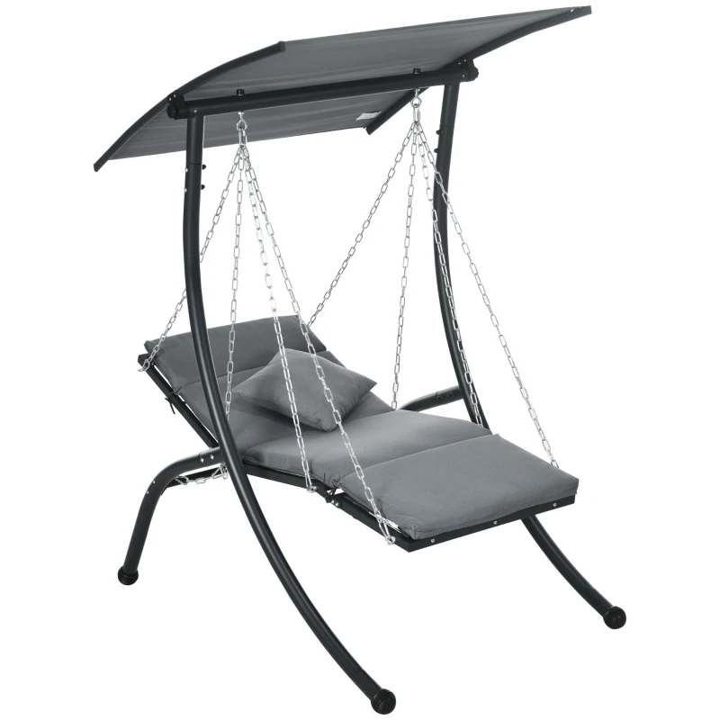 Outsunny Espreguiçadeira suspensa, toldo inclinável, incl. almofada de assento, travesseiro, estrutura de aço, cinza escuro, 108 x 145 x 169 cm