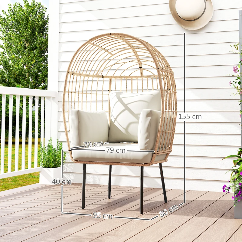 Outsunny Poltrona de Vime em Forma de Ovo com Almofada Removível, Estofada, Poltrona para Exterior em Vime 95 x 80 x 155 cm Bege