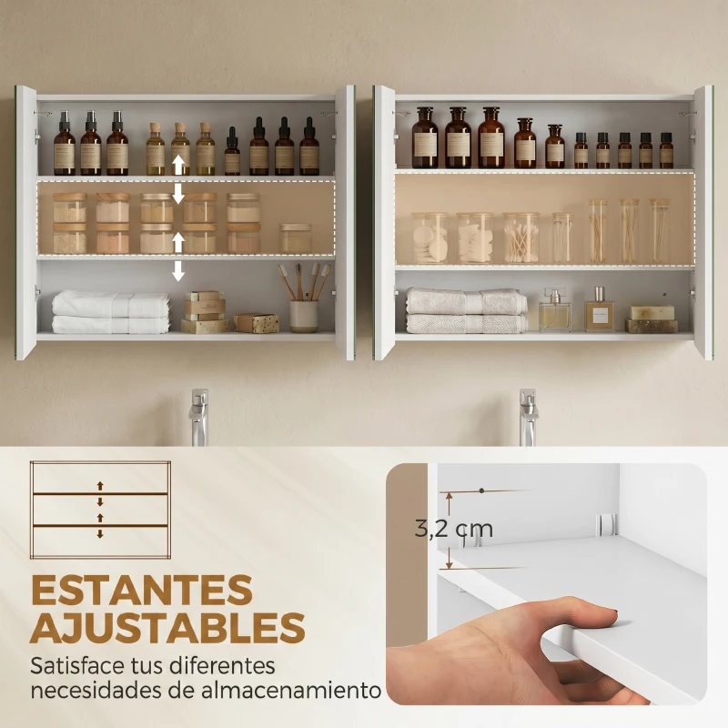 kleankin Mueble de Baño con Espejo Estantes Ajustables Interruptor Táctil y Color de Luz Ajustable 80x15x65 cm Blanco Brillante