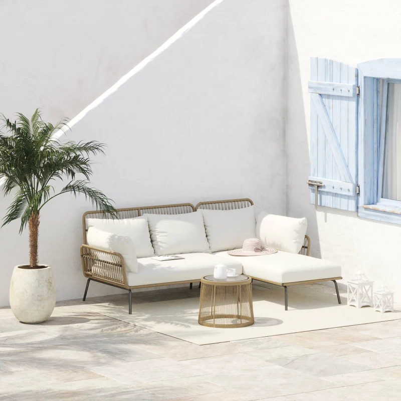 Outsunny Conjunto de 3 peças em rattan para jardim, PE-Rattan, 1 sofá de canto, 1 espreguiçadeira, inclui almofadas, resistente às intempéries, Café+Creme