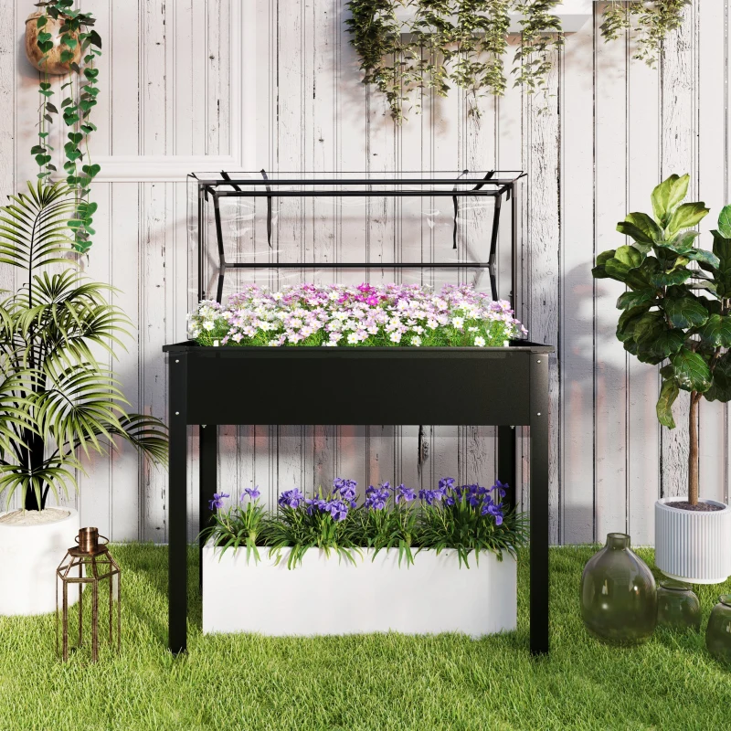 Outsunny Canteiro elevado com teto de estufa, Caixa de plantas elevada com orifícios de drenagem, 100 x 48 x 124 cm, Preto