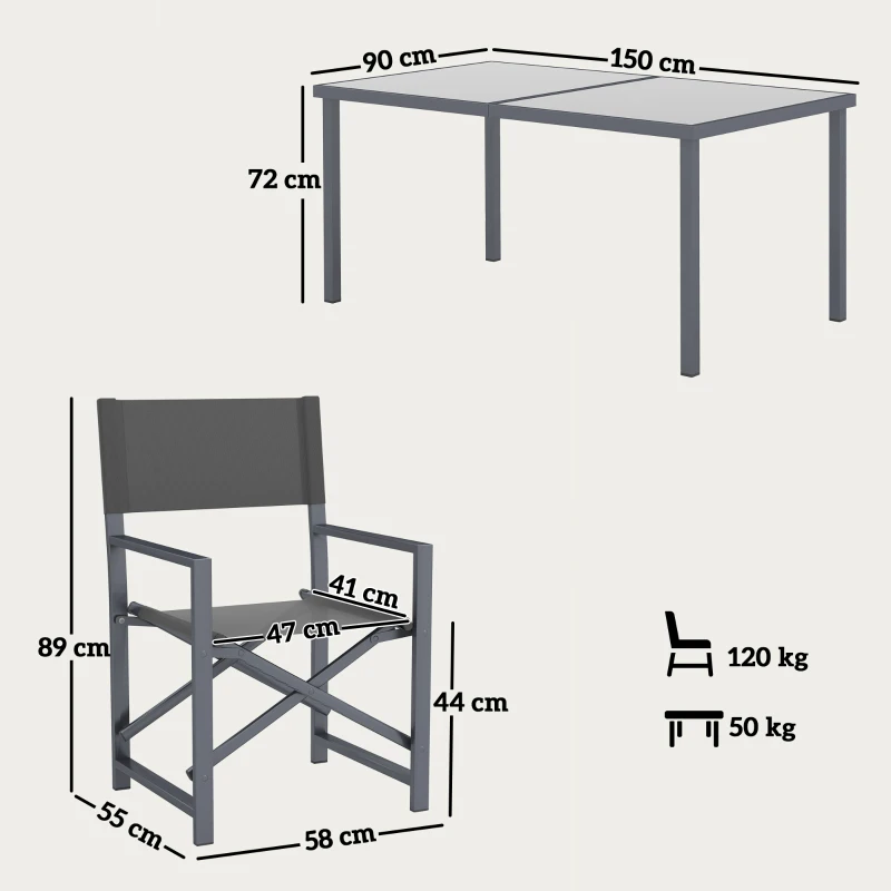 Outsunny Conjunto 5 peças Jantar em Aço para 4 Pessoas Mesa com 4 Cadeiras Dobráveis Mesa de Vidro Cinza