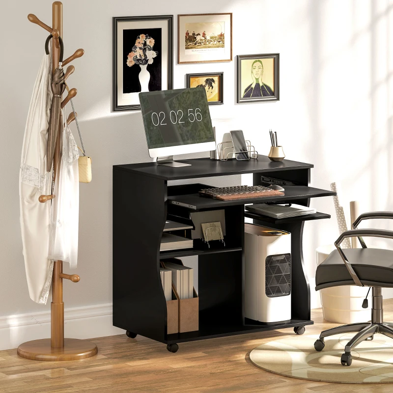 HOMCOM Mesa para computador com rodas, secretária com arrumação, 80 x 48 x 75 cm, Preto