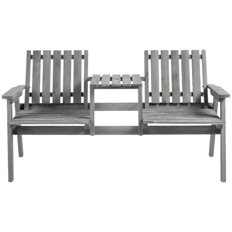 Outsunny Banco de Jardim com Mesa Conjunto de Assentos Mobiliário para Jardim com Furo para Guarda-sol Banco 2 Cadeiras Madeira Maciça Cinza 152x70x83 cm