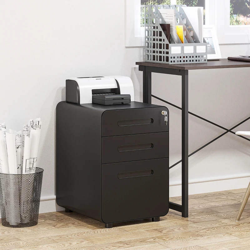 Vinsetto Gaveteiro Móvel com 3 Gavetas, Arquivo com Rodízios e Fechadura, Armário de Escritório com Pastas Suspensas e Compartimento para Canetas, Gaveteiro para Mesa 39x48x59cm Preto