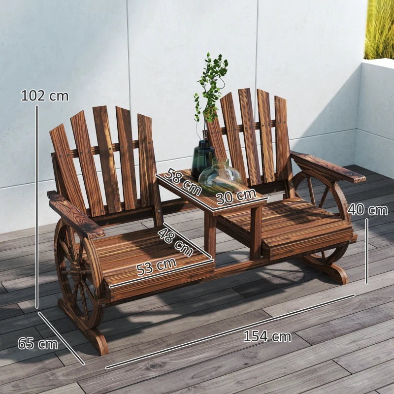 Outsunny Banco de Jardim 2 Lugares em Madeira Resistente às Intempéries com Orifício para Guarda-sol Pernas em Forma de Roda de Carroça 154x65x102 cm Carbonizado