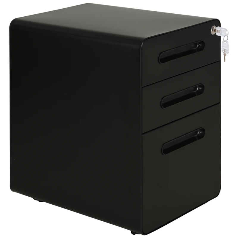 Vinsetto Gaveteiro Móvel com 3 Gavetas, Arquivo com Rodízios e Fechadura, Armário de Escritório com Pastas Suspensas e Compartimento para Canetas, Gaveteiro para Mesa 39x48x59cm Preto