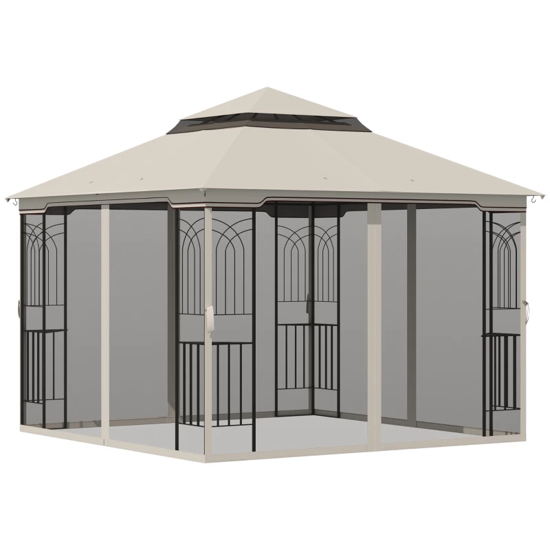 Outsunny Pavilhão de jardim com teto duplo Pavilhão Tenda de jardim Tenda de festa com 4 x parede lateral Metal+Poliéster Bege 2,99 x 2,99 x 2,74 m