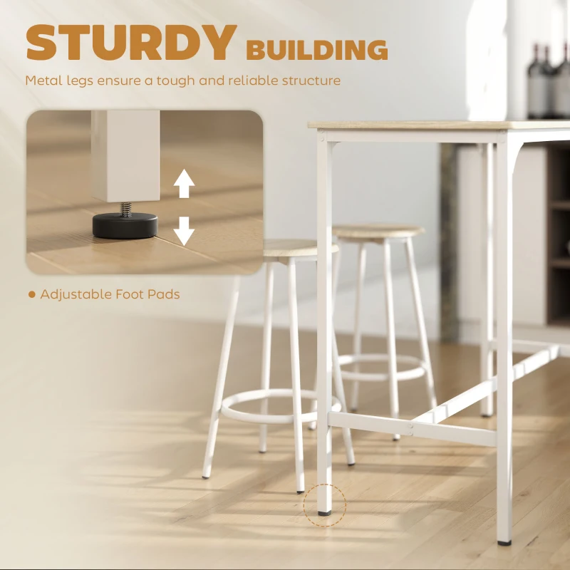 HOMCOM 5 Piece Bar Table Set for 4 with Stools, Metal Frame, Footrest for Kitchen Natural Wood