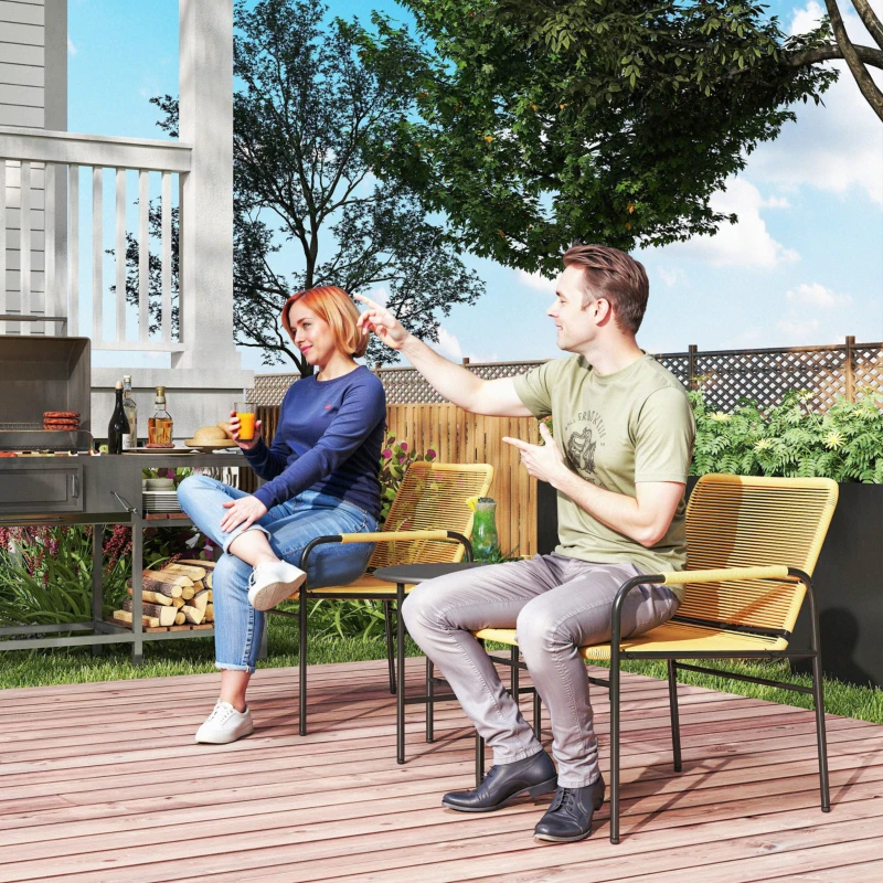 Outsunny Conjunto bistrô em Rattan 3 peças, conjunto de assentos, conjunto de jardim com 2 poltronas de jardim, mesa de centro 54 x 66 x 76 cm Amarelo