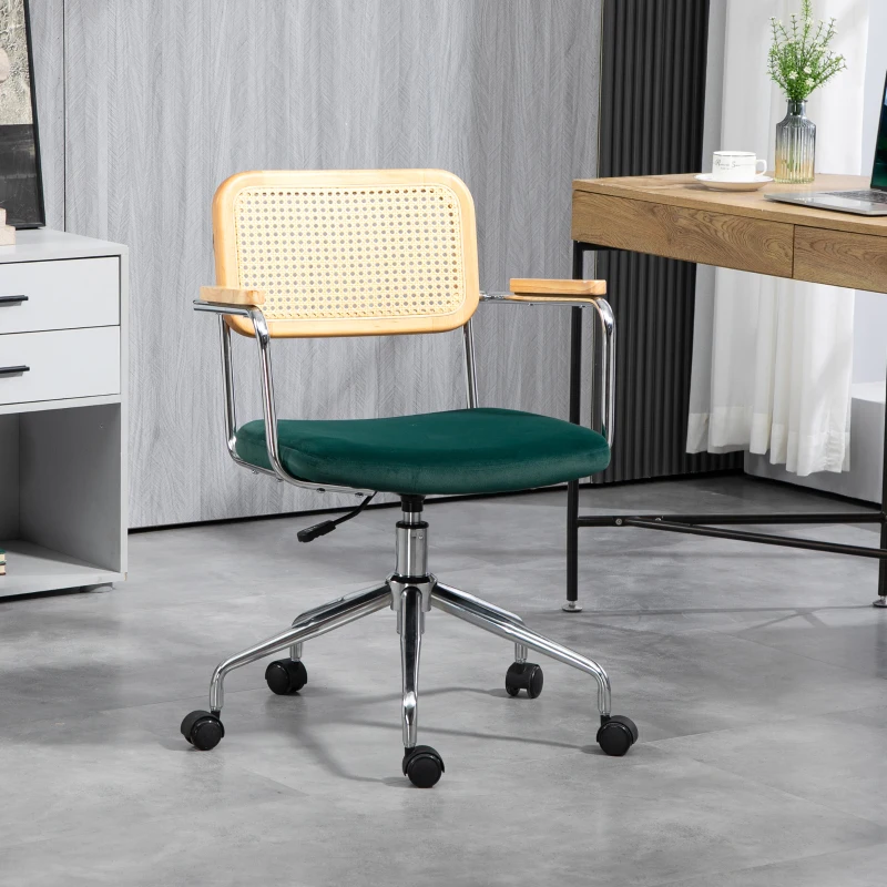 HOMCOM Cadeira de escritório, design boho, apoios de braços em madeira, giratória, ajustável, até 120 kg, aço, verde