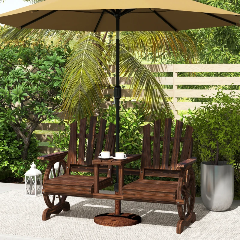 Outsunny Banco de Jardim 2 Lugares em Madeira Resistente às Intempéries com Orifício para Guarda-sol Pernas em Forma de Roda de Carroça 154x65x102 cm Carbonizado