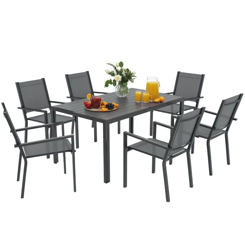 Outsunny Table de jardin extérieure avec 6 chaises empilables, plateau à lattes 150 cm, structure en acier anti-rouille, gris
