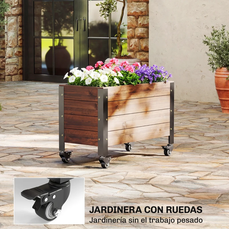 Outsunny Jardinera Exterior de Madera con Ruedas con Orificio de Drenaje y Tela no Tejida Macetero 60x30x41 cm Marrón Oscuro
