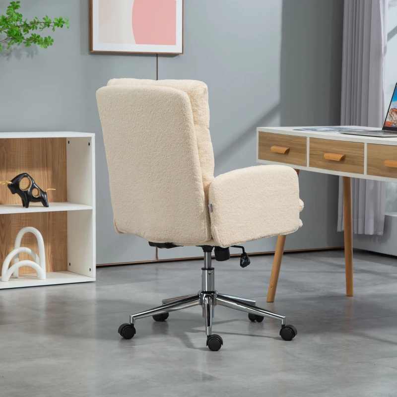 HOMCOM Cadeira de Escritório, Cadeira Estofada para Secretária, Função de Inclinação, Giratória, com Rodízios, Creme Branco