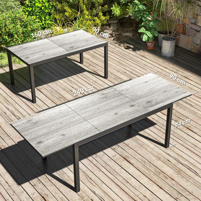 Outsunny Mesa de jantar extensível para 6-8 pessoas, mesa exterior ajustável em alumínio, aço, plástico, aparência de madeira, Cinza