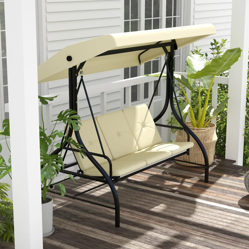 Outsunny Banco balançante, balanço estilo Hollywood com proteção solar, balanço de jardim, balanço para varanda, 3 lugares, cama balançante