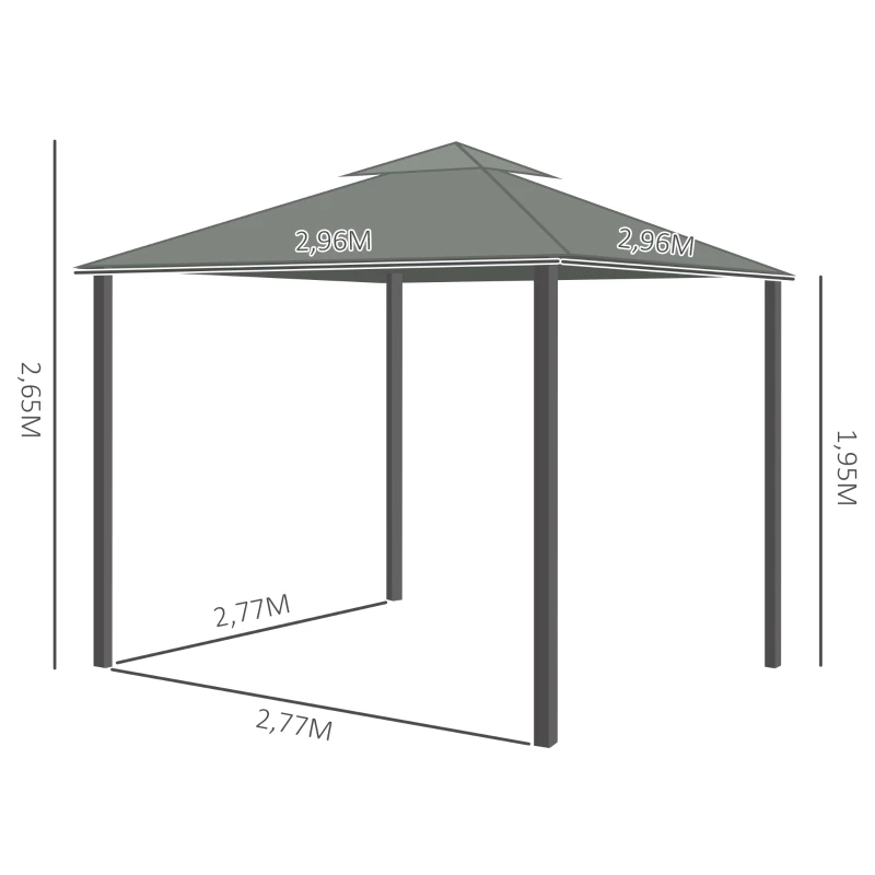 Outsunny Pavilhão de Jardim Pavilhão 2,96 x 2,96 m Tenda de Jardim com Telhado Duplo Tenda Fixa Tenda para Festa com 4 Laterais Mosquiteiro Resistente às Intempéries Alumínio Poliéster Cinza escuro
