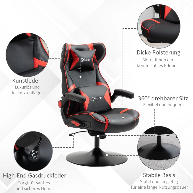 Vinsetto Poltrona Gaming, Cadeira Gaming, altifalantes integrados, encosto reclinável, preto+vermelho, 69 x 73 x 118cm