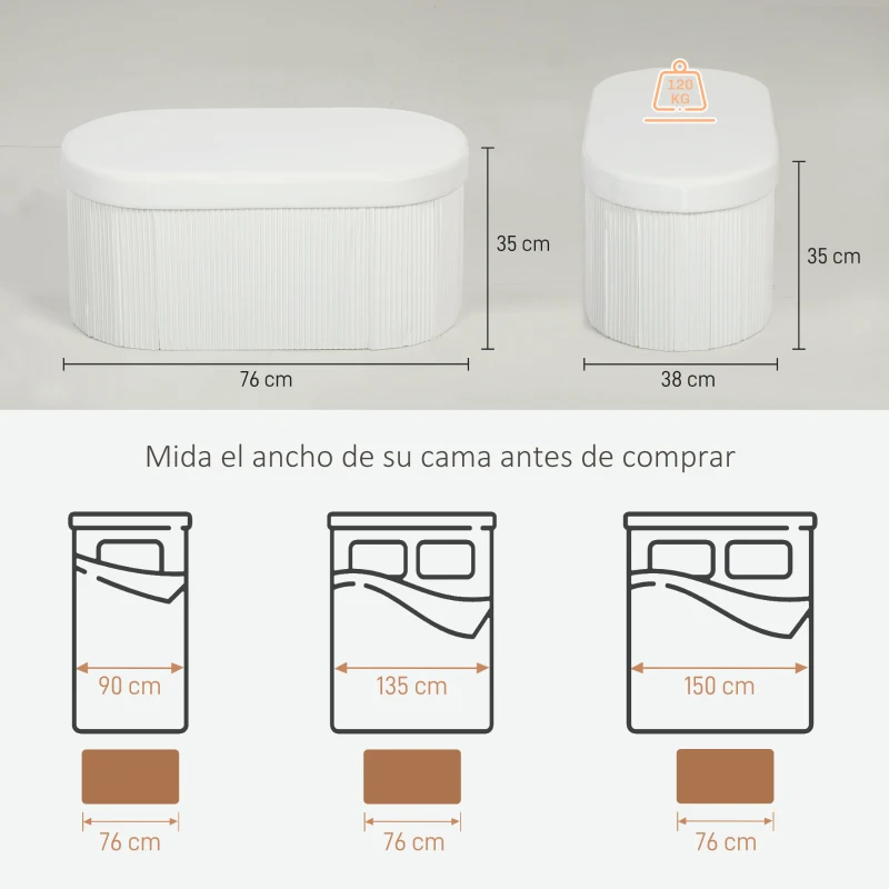 HOMCOM Puff Almacenaje Banco Almacenaje Plegable 72 L 76x38x35 cm Tapizado en Terciopelo Baúl de Almacenamiento Crema