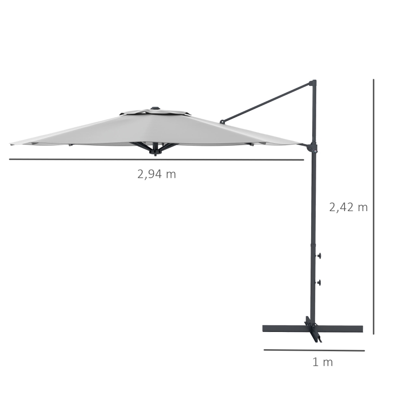 Outsunny Ø3 m Guarda-sol lateral, inclinável, giratório, manivela manual, respiradouro, mastro metálico, cinza escuro
