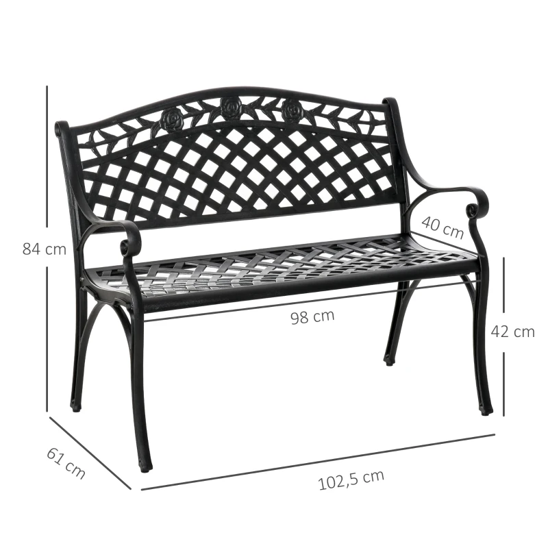 Outsunny Banco de 2 Lugares em Alumínio Banco de Jardim Metálico com Apoios de Braço Estilo Rústico Preto 102,5 x 61 x 84 cm