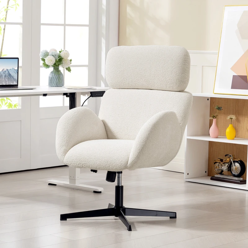 HOMCOM Cadeira de escritório com revestimento em tecido de aparência aveludada, cadeira estofada com base em aço, cadeira de escritório com ajuste de altura, creme branco