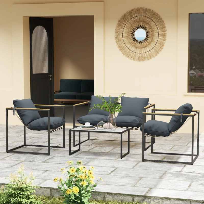 Outsunny Conjunto de móveis de jardim 4 peças, conjunto de exterior, 2 poltronas, sofá de 2 lugares, 1 mesa, estofado, aço, poliéster, Cinza