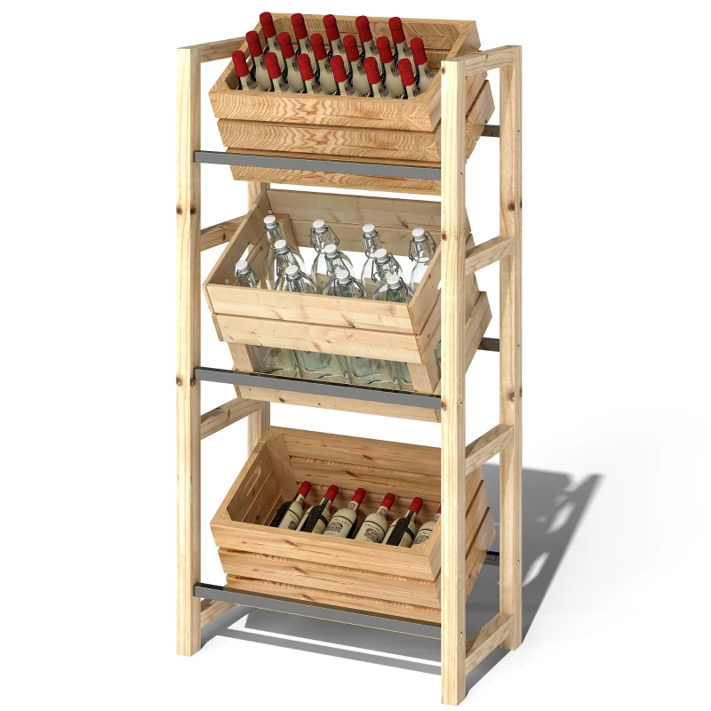 Outsunny Estante para 3 Caixas de Bebidas Estante de Madeira com 3 Níveis 56x32x112 cm Madeira Natural