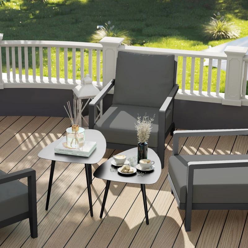 Outsunny Conjunto de 2 Mesas de Centro, Mesa de Varanda em Aço Resistente às Intempéries, Mesa de Apoio com Design Geométrico Preto