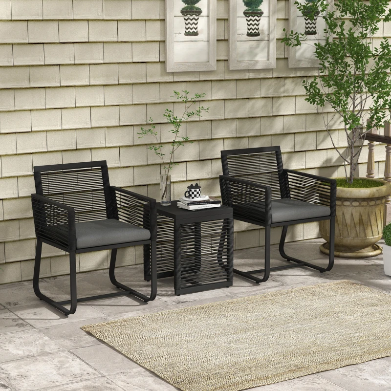 Outsunny Conjunto bistrô de 3 peças Conjunto para varanda Conjunto para terraço, resistente às intempéries, design moderno, 53 cm x 57 cm x 77 cm, Preto + Cinza