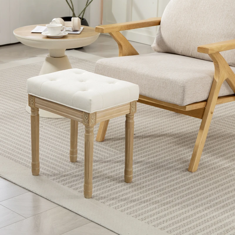 HOMCOM Reposapiés Salón Estilo Rústico Tapizado en Lino Sintético con Madera Maciza Patas Talladas Asiento Acolchado Beige