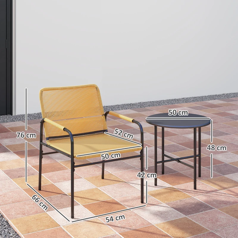 Outsunny Conjunto bistrô em Rattan 3 peças, conjunto de assentos, conjunto de jardim com 2 poltronas de jardim, mesa de centro 54 x 66 x 76 cm Amarelo