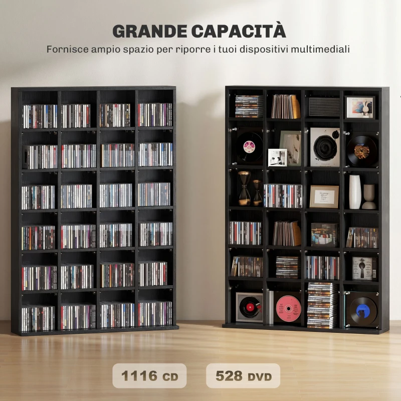 HOMCOM Mobile Porta CD con Ripiani Regolabili per 456 CD o 336 DVD, 24 Scomparti, 89x20x130.5 cm, Nero