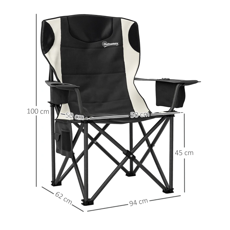 Outsunny Conjunto de 2 Cadeiras Dobráveis de Camping com Braços, Porta-copos, Encosto de Cabeça, Bolsa Térmica Preto