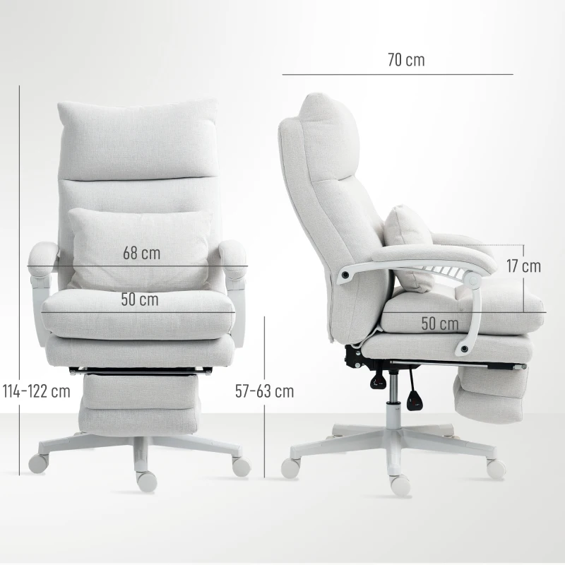 HOMCOM Poltrona giratória, aparência de linho, altura ajustável, reclinável até 160°, apoio para os pés, Creme branco