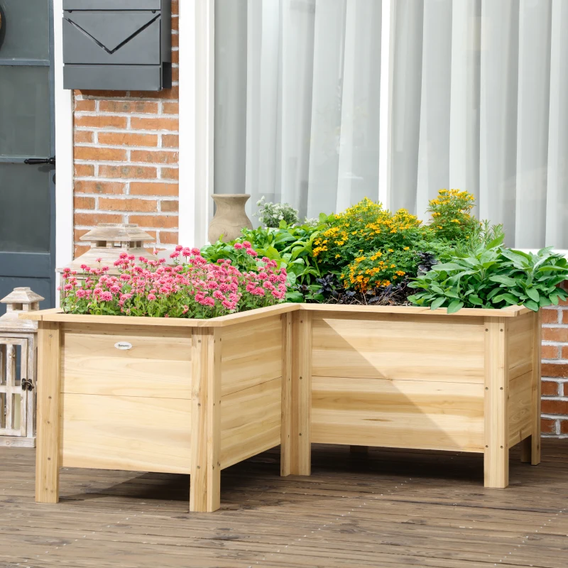 Outsunny Jardinera Elevada de Madera Macetero Exterior en Forma de L con Tela no Tejido Huerto Urbano 120x120x50 cm Natural