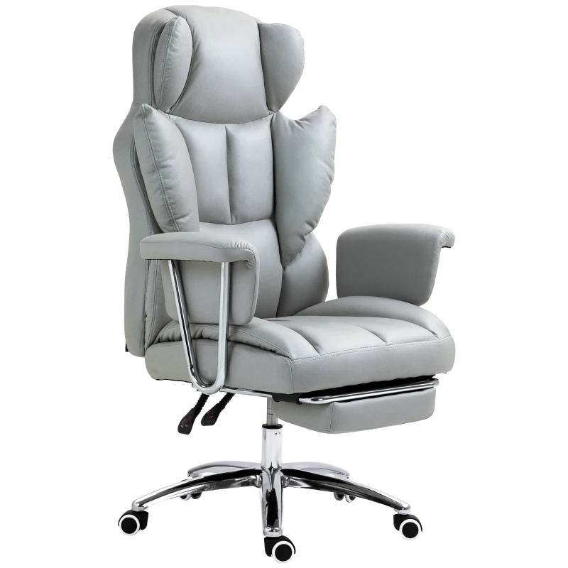 HOMCOM Cadeira de Escritório Ergonómica Estofada com Apoio para os Pés Encosto Ajustável Giratória 360° Cinza Claro