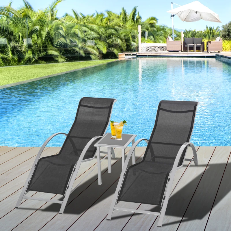 Outsunny Conjunto de espreguiçadeiras em metal com malha 3 peças. Espreguiçadeira com mesa lateral Conjunto de jardim com 2 espreguiçadeiras, 1 mesa lateral Conjunto de assentos para jardim, varanda 59B x 169T x 66H cm Preto+Prata