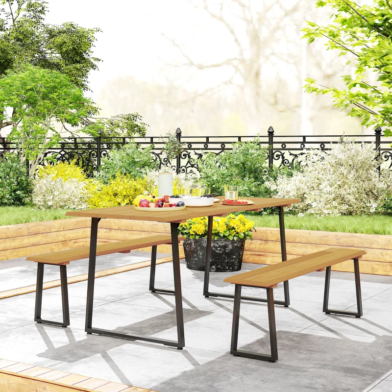 Outsunny Conjunto de Assentos 3 Peças em Madeira Conjunto de Jantar para 6 Pessoas Mesa com 2 Bancos Orifício para Guarda-sol Mesa de Madeira 178 x 76 x 77 cm Madeira Natural