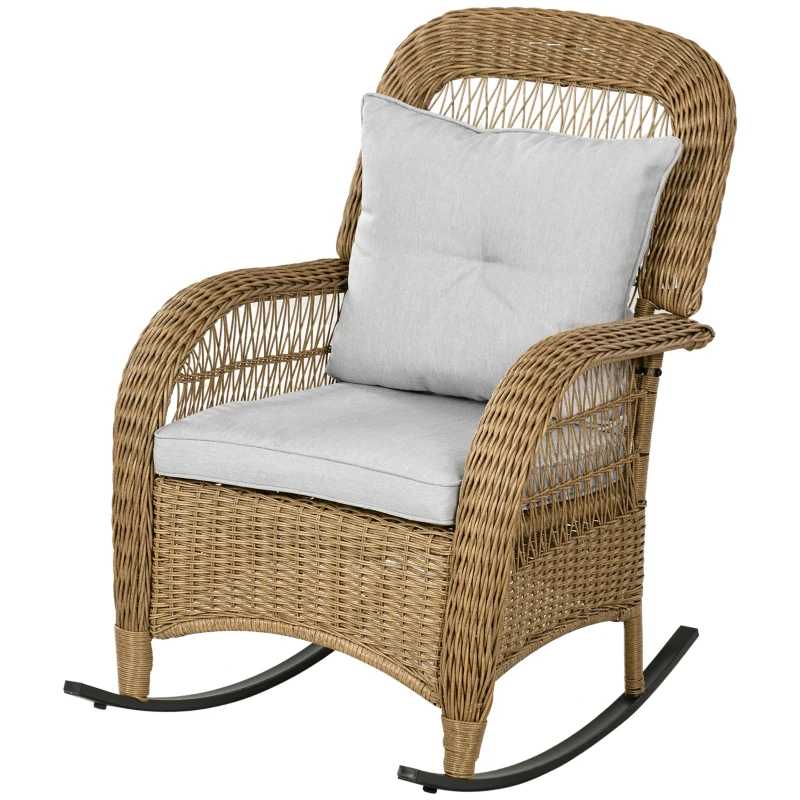 Outsunny Cadeira de balanço estilo boho, PE-rattan, cadeira de balanço em rattan, capas de almofadas laváveis, Natural + Cinza claro