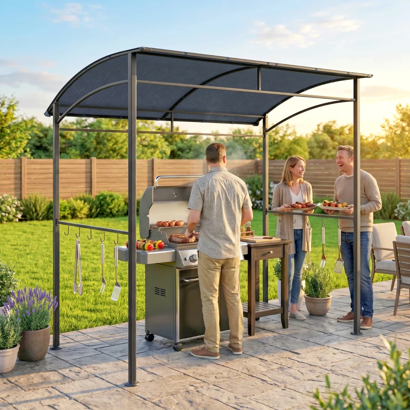 Outsunny Grillpaviljoen, Grillafdak, Regenbescherming, Haken voor Keukengerei, Stalen frame, grijs, 215 x 150 x 174/220 cm