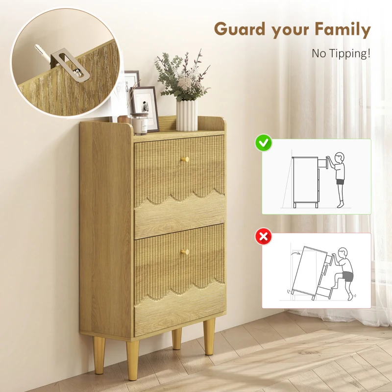 HOMCOM Narrow Shoe Cabinet, Modern Shoe Storage Cabinet with 2 Flip Drawers, Oak