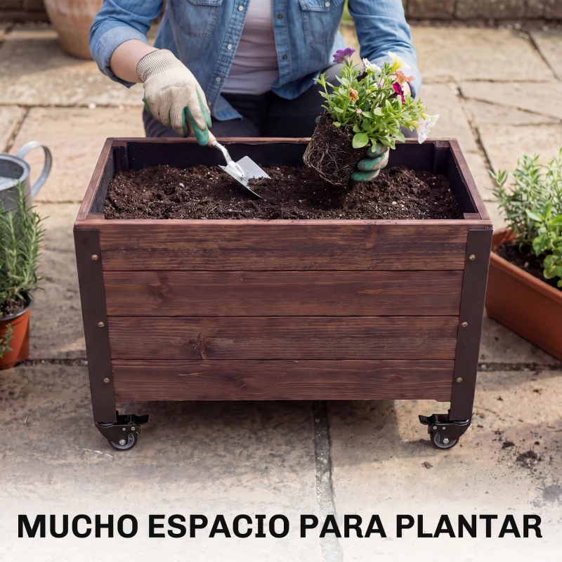 Outsunny Jardinera Exterior de Madera con Ruedas con Orificio de Drenaje y Tela no Tejida Macetero 60x30x41 cm Marrón Oscuro