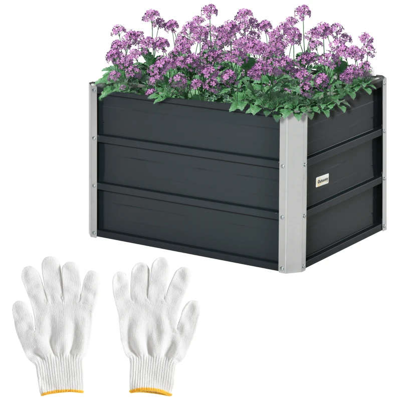 Outsunny Canteiro elevado em aço para jardim caixote de plantio vaso de flores com luvas Cinza escuro 66 x 47 x 40 cm